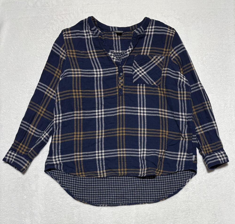 Eddie Bauer Shirt Womens XL Navy Plaid Henley Popover Long Sleeve 100% Cotton